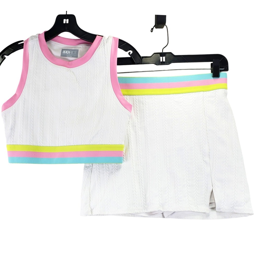 Beach Riot Sport 2 Piece Set Womens M White Pink Crop Top Tennis Skort Retro
